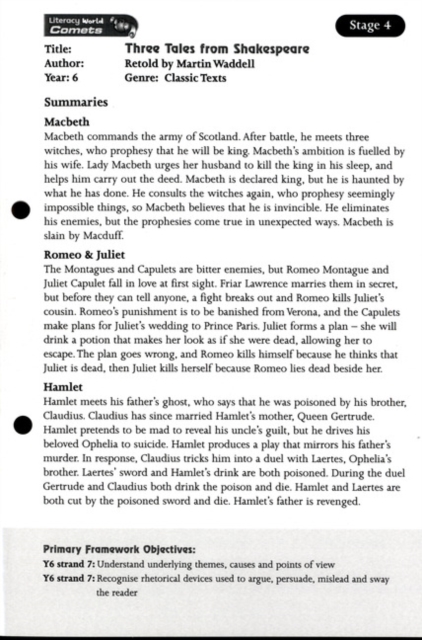 Literacy World Comets Stage 4: Three Tales from Shakespeare Guided Reading Card Framework, Cards Book