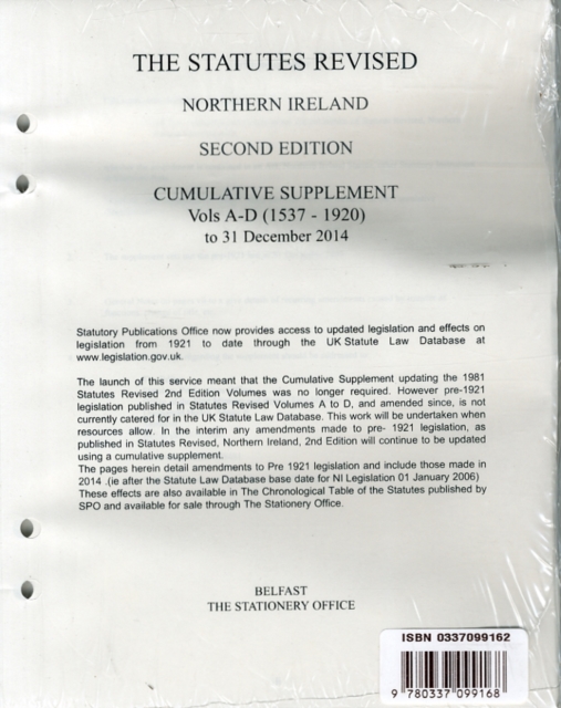 The Statutes Revised : Northern Ireland, Cumulative Supplement Vols A-D (1537 - 1920) to 31 December 2014, Loose-leaf Book
