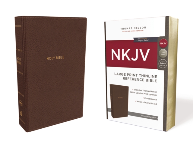 NKJV, Thinline Reference Bible, Large Print, Leathersoft, Brown, Red Letter, Comfort Print : Holy Bible, New King James Version, Leather / fine binding Book