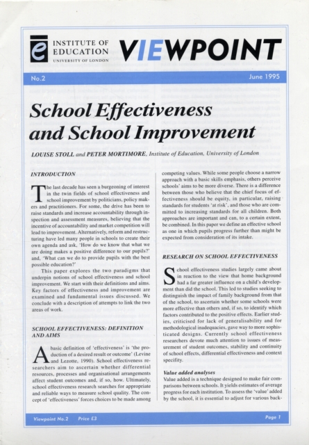 School Effectiveness and School Improvement, Pamphlet Book
