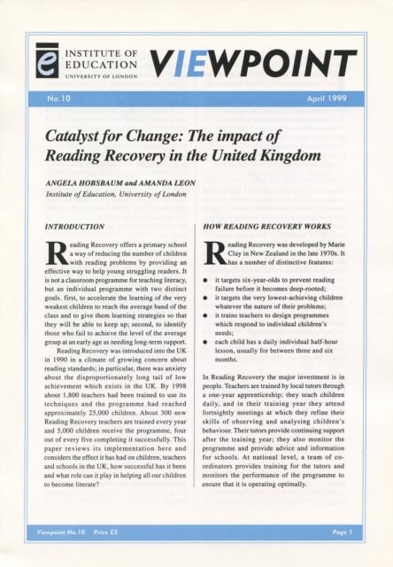 Catalyst for Change : The impact of Reading Recovery in the United Kingdom, Pamphlet Book