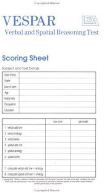 VESPAR Test Scoring Sheets : Packs of 25, Undefined Book