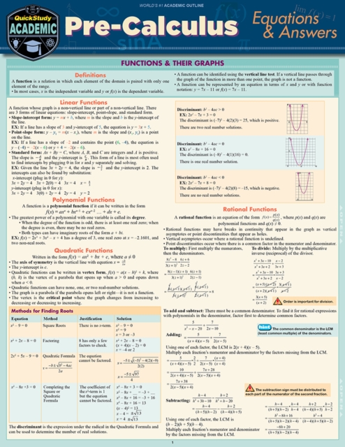 Pre-Calculus Equations & Answers : a QuickStudy Laminated Reference Guide, PDF eBook