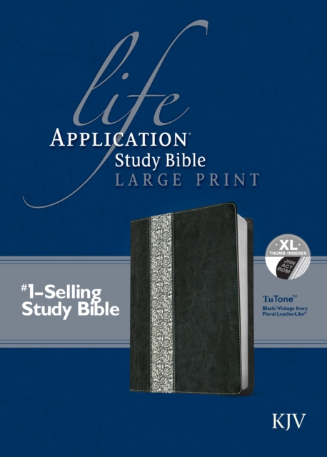 KJV Life Application Study Bible, Second Edition, Large Print, Tutone (Red Letter, LeatherLike, Black/Vintage Ivory Floral, Indexed), Leather / fine binding Book