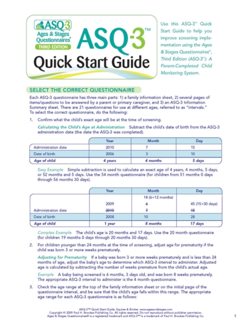 Ages & Stages Questionnaires® (ASQ®-3): Quick Start Guide (English) : A Parent-Completed Child Monitoring System, Paperback / softback Book