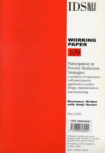 Participation in Poverty Reduction Strategies: A Synthesis of Experience with Participatory Approaches to Policy Design, Implementation and Monitoring, Paperback Book