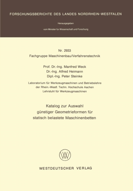 Katalog Zur Auswahl Gunstiger Geometrieformen Fur Statisch Belastete Maschinenbetten, Paperback / softback Book