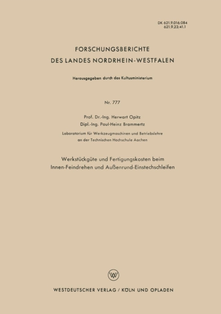 Werkstuckgute Und Fertigungskosten Beim Innen-Feindrehen Und Aussenrund-Einstechschleifen, Paperback / softback Book