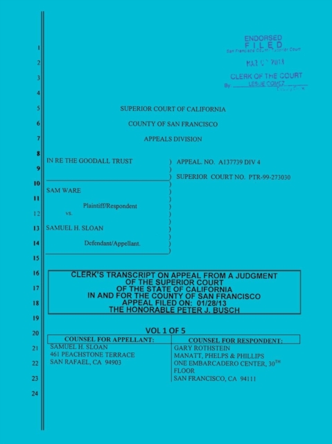 Sloan vs. Ware and Bank of America Clerk's Transcript on Appeal Vol. 1, Paperback / softback Book