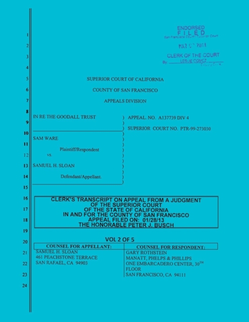 Sloan vs. Ware and Bank of America Clerk's Transcript on Appeal Vol. 2, Paperback / softback Book